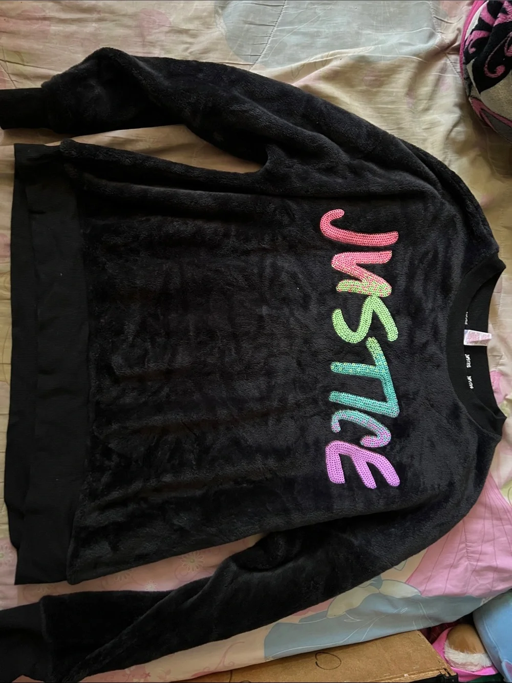 Justice Black Sweatshirt with Teal Sequin Trim